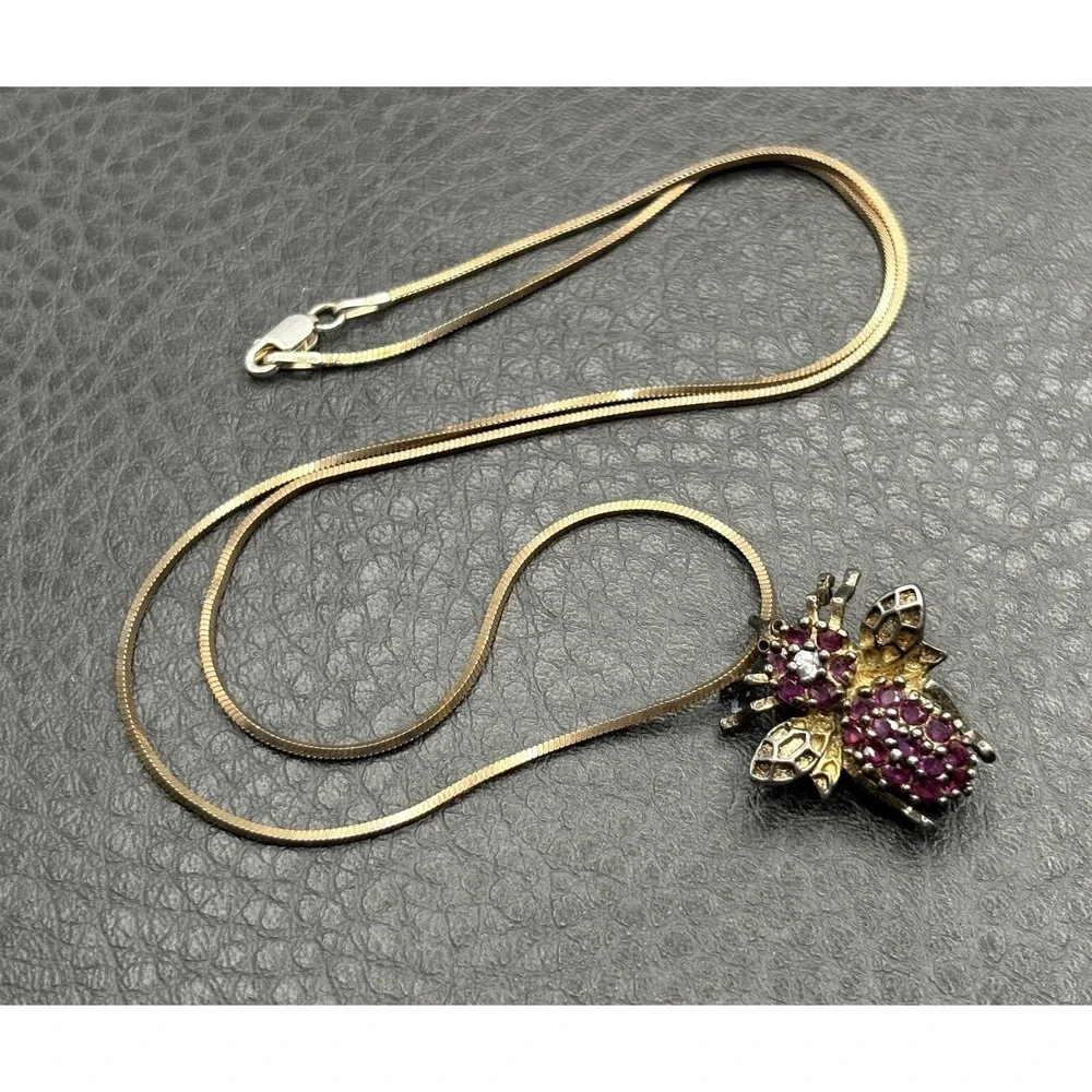 Vintage Insect Bee Ruby Sterling Silver  Pendant Brooch & Chain Necklace  17
